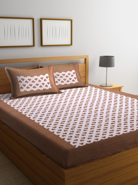 Brown & White Geometric Flat 144 TC Cotton 1 King Bedsheet with 2 Pillow Covers