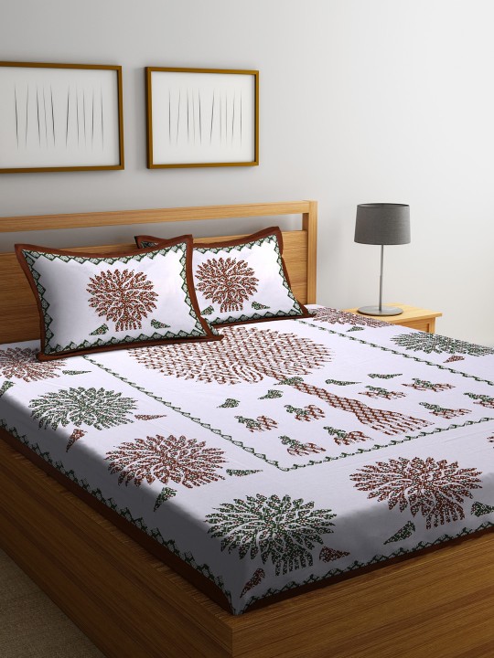 White & Brown Floral Flat 180 TC Cotton 1 King Bedsheet with 2 Pillow Covers