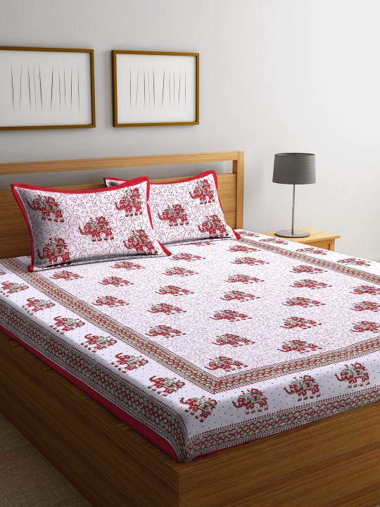 White & Red Ethnic Motifs Flat 180 TC Cotton 1 King Bedsheet with 2 Pillow Covers