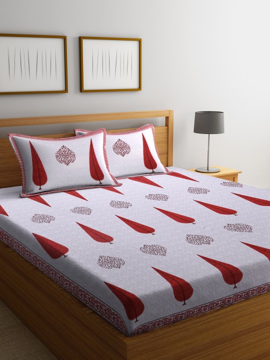White & Red Floral Flat 180 TC Cotton 1 King Bedsheet with 2 Pillow Covers