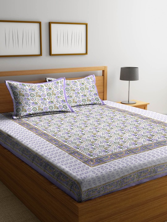 White & Lavender Floral Flat 180 TC Cotton 1 King Bedsheet with 2 Pillow Covers