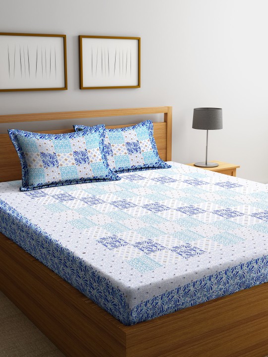White & Blue Floral Flat 144 TC Cotton 1 King Bedsheet with 2 Pillow Covers