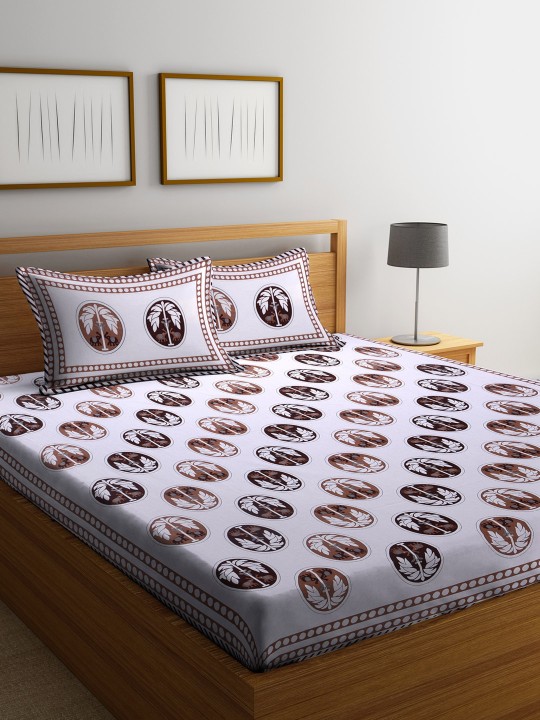 White & Brown Ethnic Motifs Flat 180 TC Cotton 1 King Bedsheet with 2 Pillow Covers