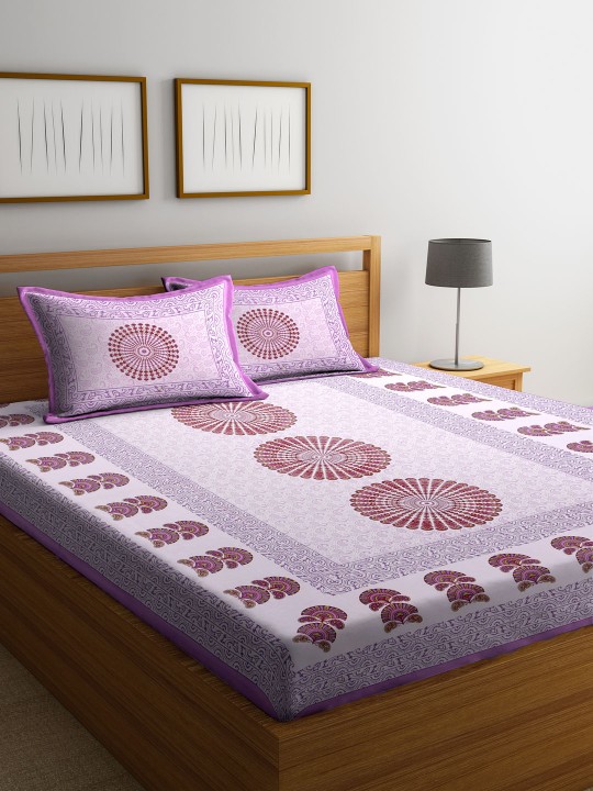 White & Lavender Ethnic Motifs Flat 144 TC Cotton 1 King Bedsheet with 2 Pillow Covers