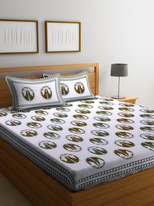 White & Olive Green Ethnic Motifs Flat 180 TC Cotton 1 King Bedsheet with 2 Pillow Covers