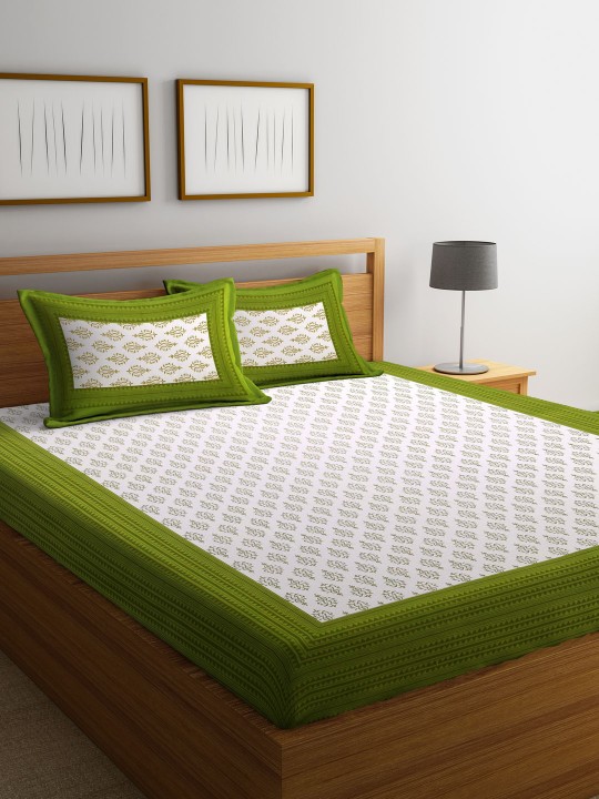 White & Green Ethnic Motifs Flat 144 TC Cotton 1 King Bedsheet with 2 Pillow Covers