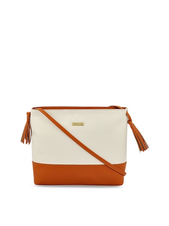 Tan & White Colourblocked Sling Bag