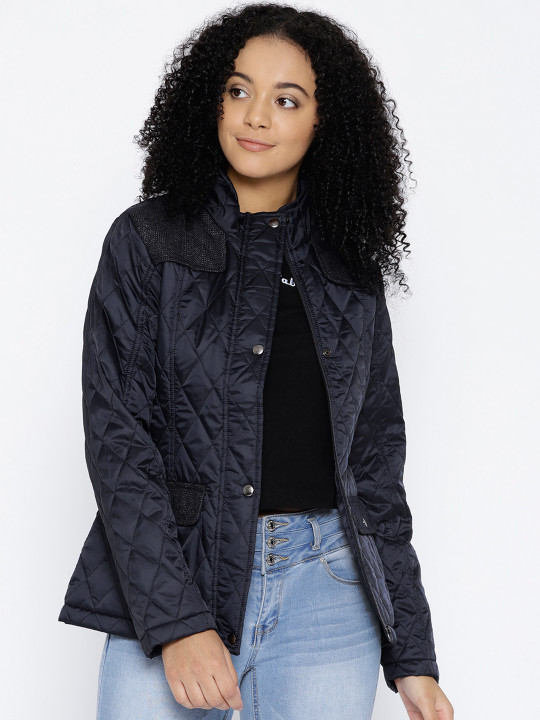 Buy Women Navy Blue Solid Insulator Quilted Jacket M Online at