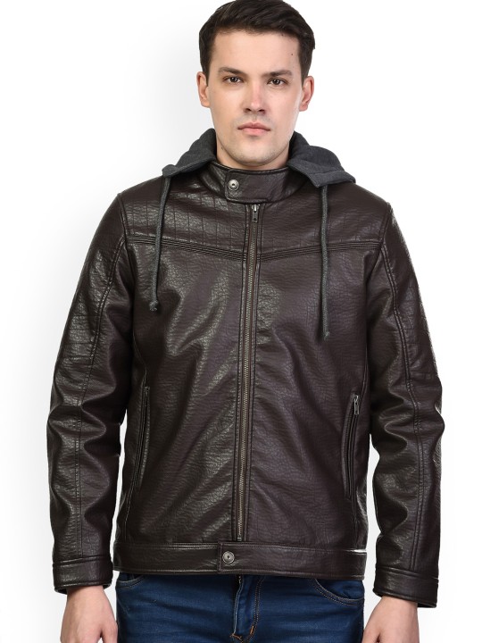 Men Brown Self Design Biker Jacket M