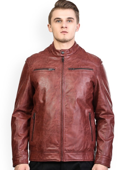 Men Maroon Solid Biker Jacket