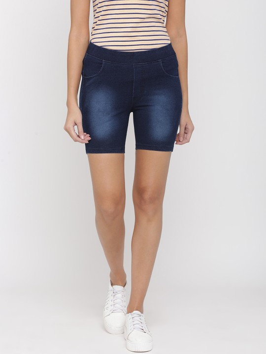 Women Navy Blue Washed Slim Fit Denim Shorts 30