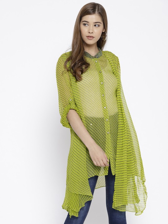 by Ritu Kumar Women Green Sheer Striped Longline Shirt