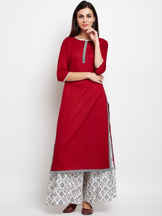 Women Red & White Kurta with Palazzos S