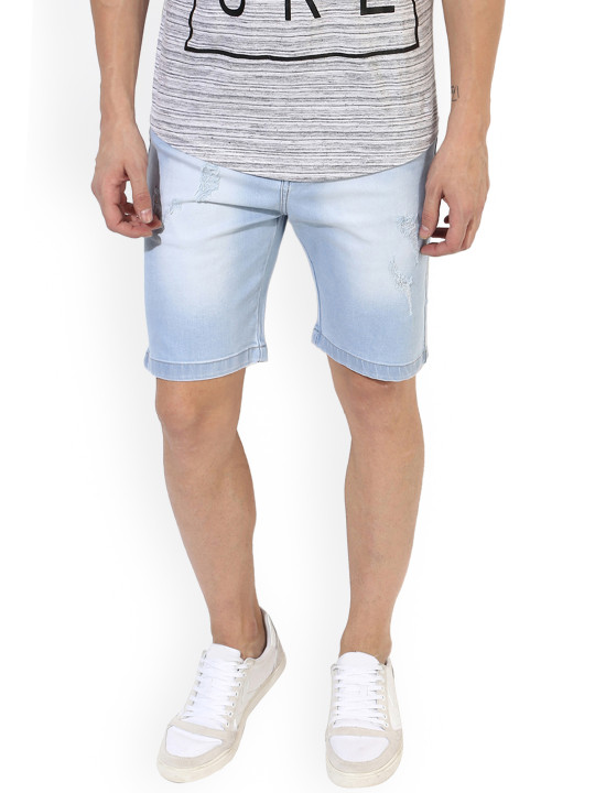 Men Blue Washed Distressed Slim Fit Denim Shorts 30