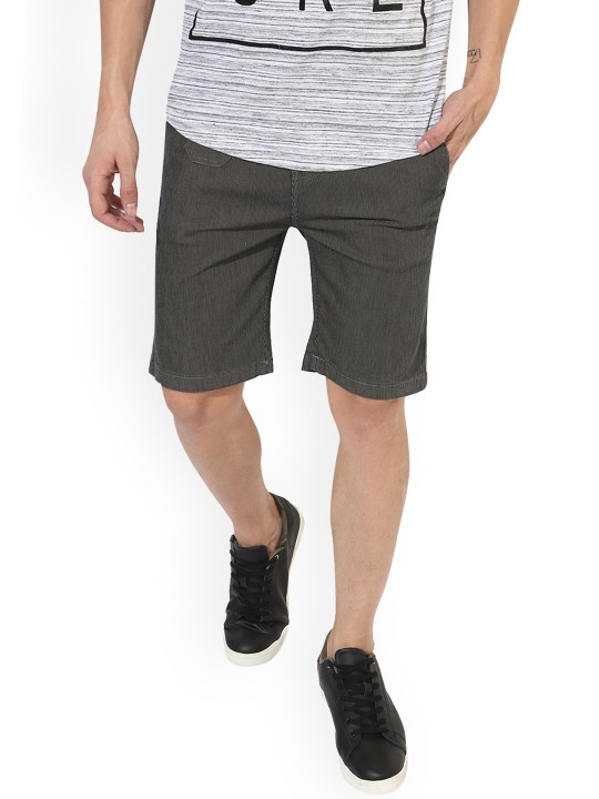Men Black & Khaki Self Design Slim Fit Denim Shorts 28