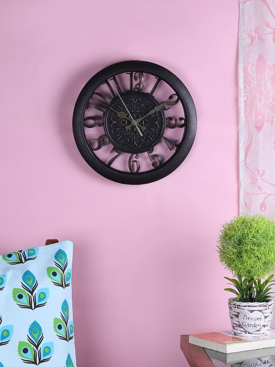 Black Round Textured Analogue Wall Clock with Cut-Outs