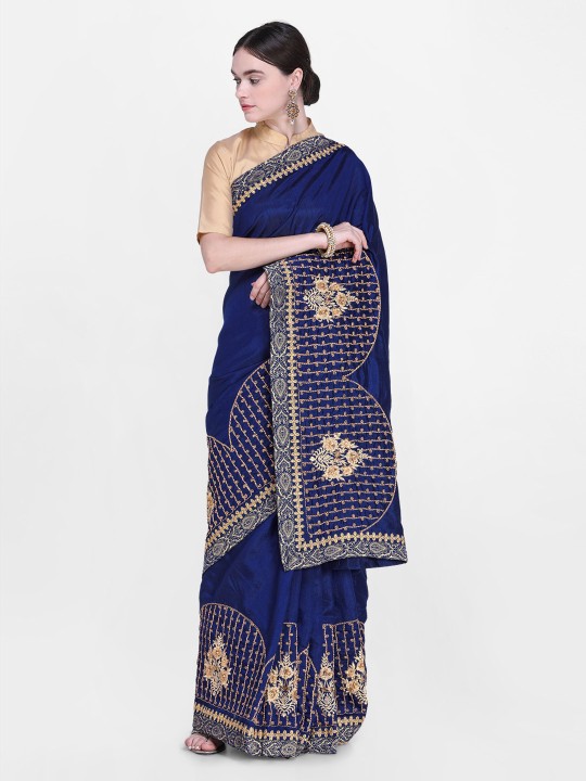 Navy Blue Solid Poly Silk Saree