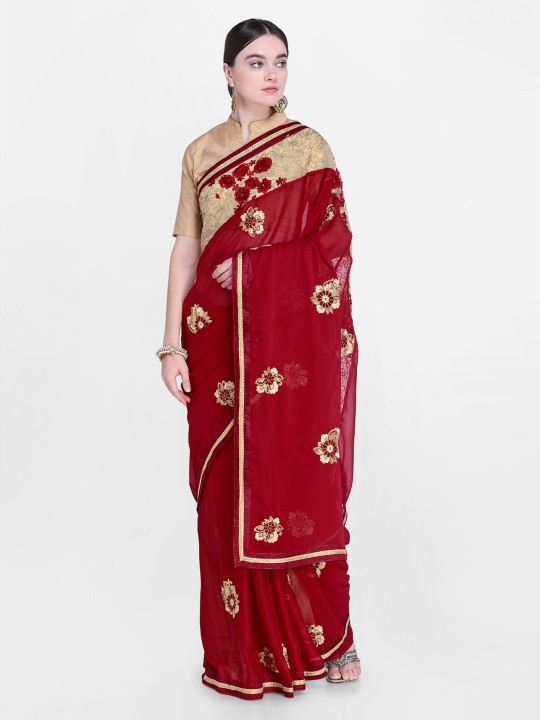 Maroon Poly Georgette Embroidered Saree