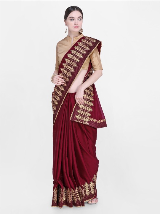 Maroon Poly Silk Solid Saree with Embroidered Detail