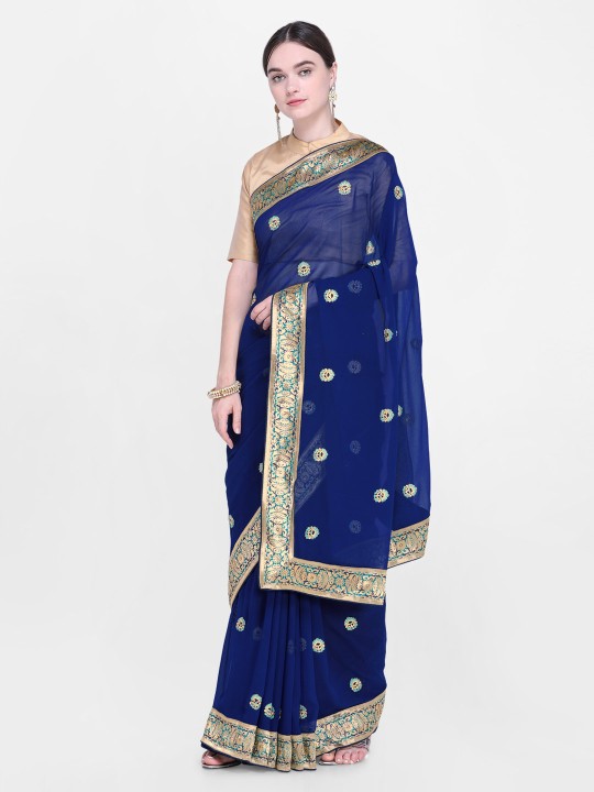 Navy Blue Poly Georgette Embroidered Saree