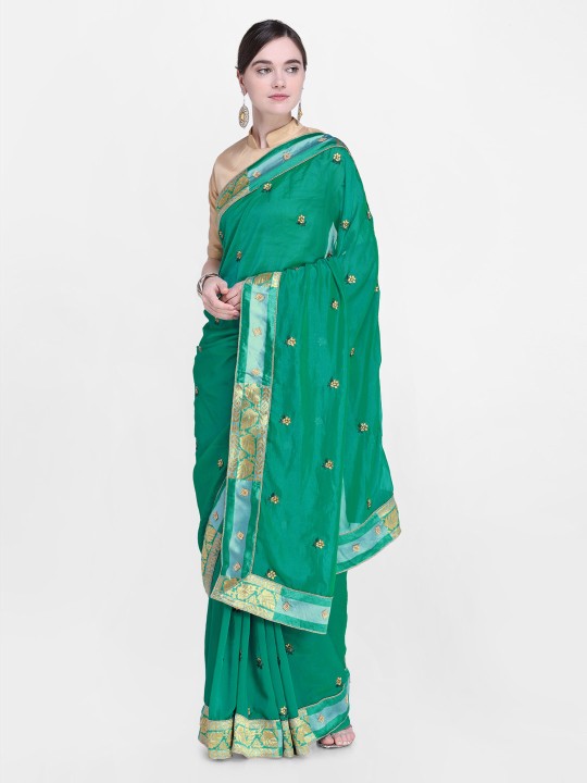 Green Embroidered Poly Georgette Saree