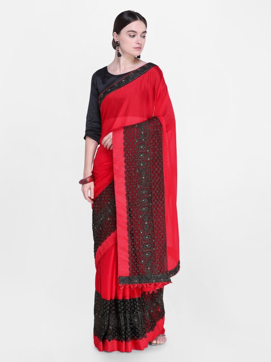 Red & Black Embroidered Saree