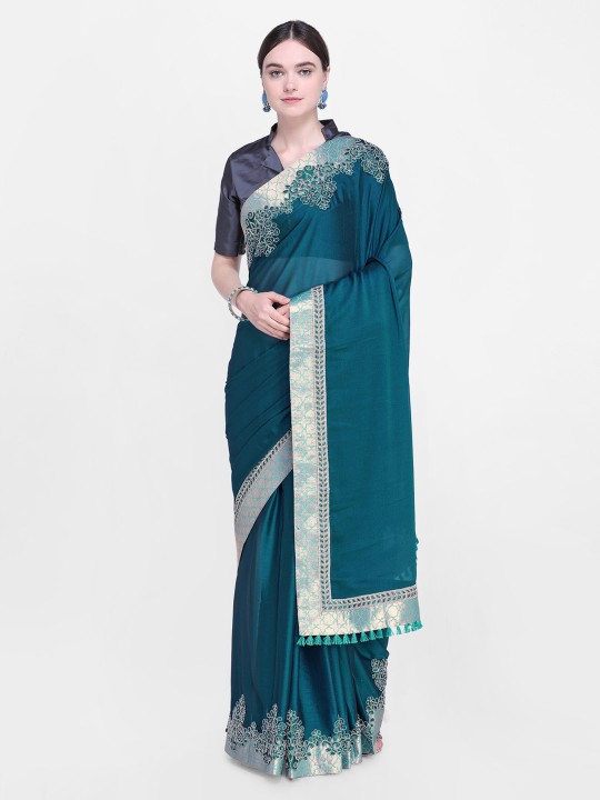 Teal Blue Solid Poly Silk Saree