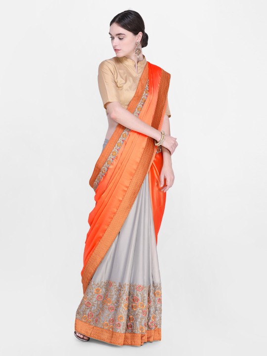 Orange & Grey Poly Georgette Solid Half-and-Half Saree