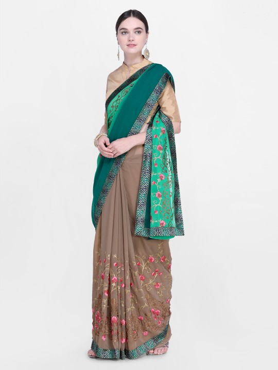 Brown & Green Embroidered Half and Half Saree