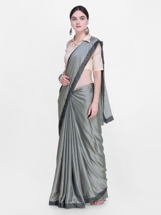 Grey Solid Poly Georgette Saree with Embellished Detail