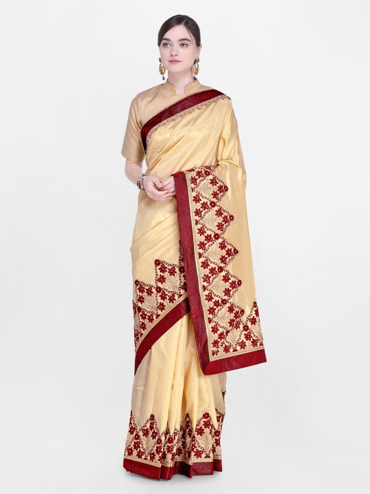 Beige Solid Poly Georgette Saree