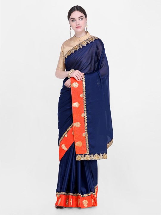 Navy Blue & Orange Poly Georgette Solid Saree