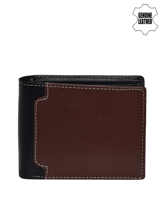 Men Brown & Black Colourblocked Genuine Leather Two-Fold Wallet