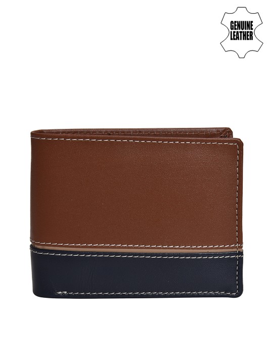 Men Tan Brown & Navy Blue Solid Two Fold Wallet