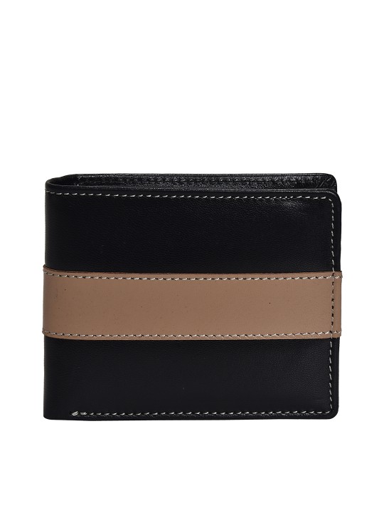 Men Black & Beige Colourblocked Leather Two Fold Wallet