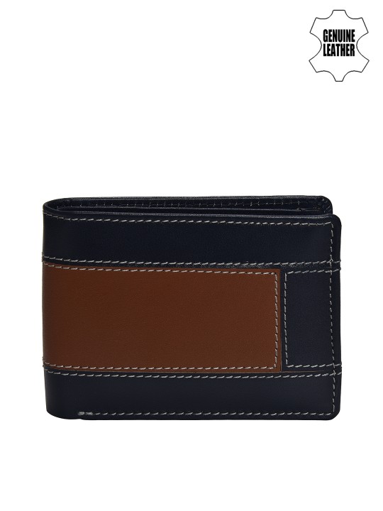 Men Navy Blue & Tan Colourblocked Two Fold Wallet