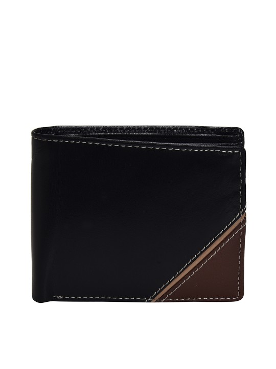 Men Black Solid Leather Two Fold Wallet