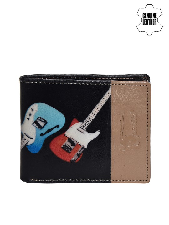 Men Black & Beige Printed Two Fold Wallet
