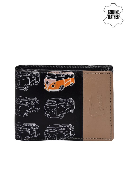 Men Black & Beige Printed Two Fold Wallet
