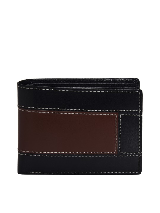 Men Black & Brown Colourblocked Leather Two Fold Wallet