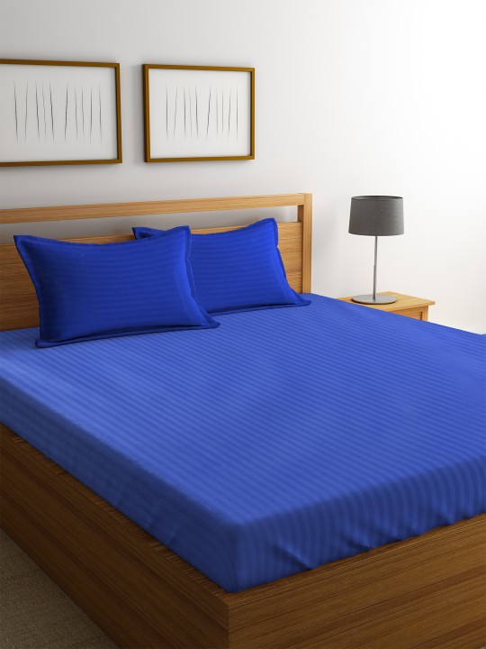Blue Striped Flat 220 TC Cotton Bedsheet with 2 Pillow Covers