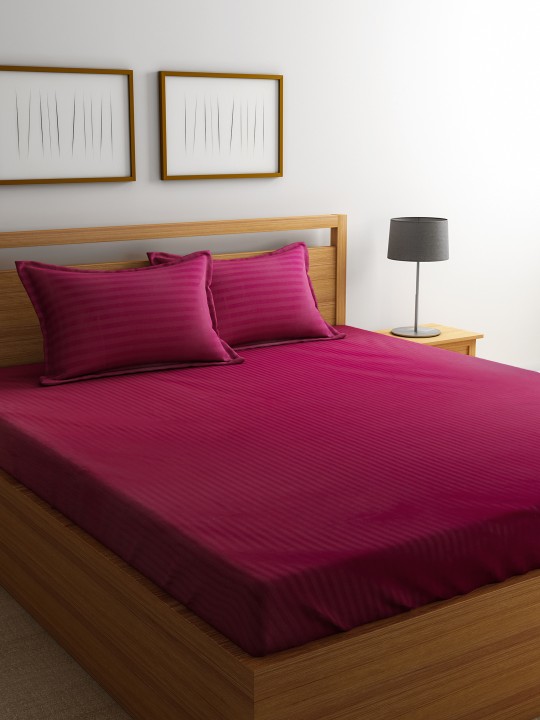 Maroon Striped Flat 220 TC Cotton Bedsheet with 2 Pillow Covers