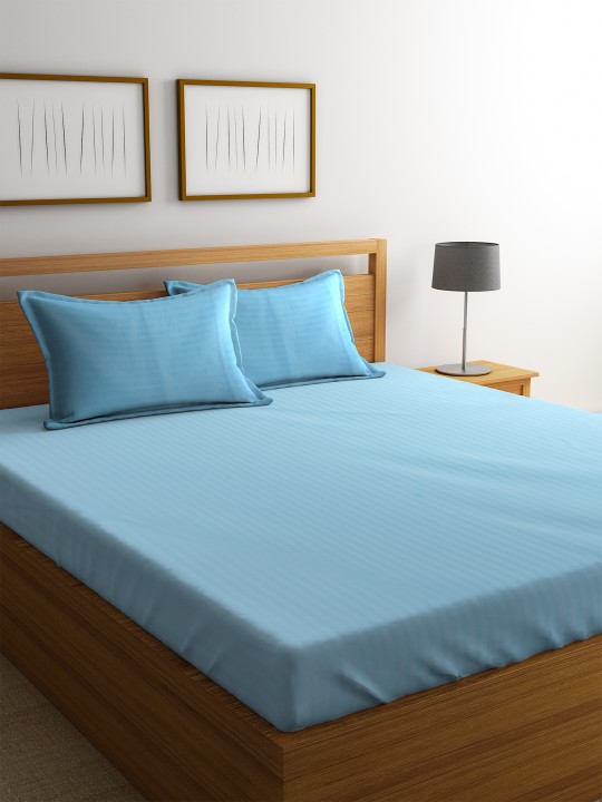 Blue Striped Flat 220 TC Cotton Bedsheet with 2 Pillow Covers