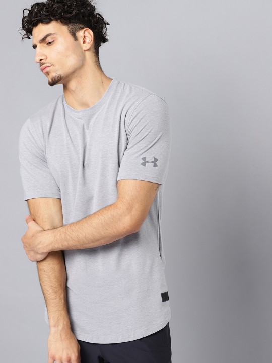 Men Grey Melange Solid UA Baseline Long Line T-shirt M