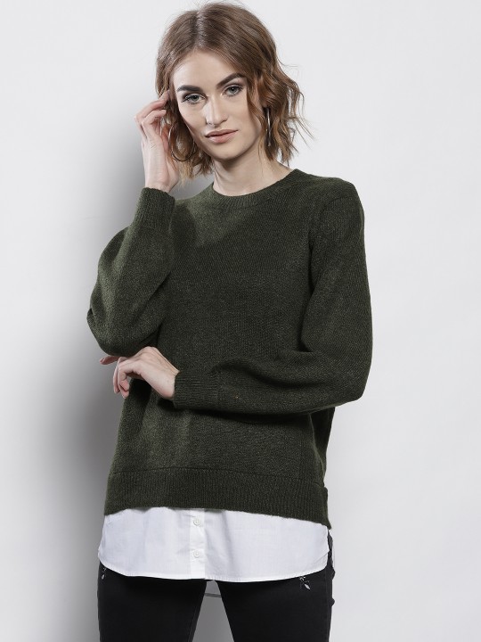 Women Olive Green Solid Pullover M