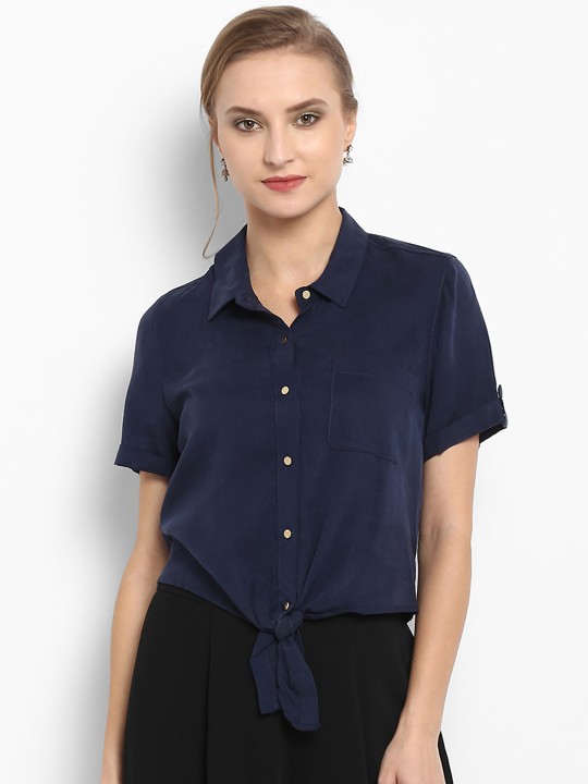 Women Navy Blue Slim Fit Solid Casual Shirt XXS