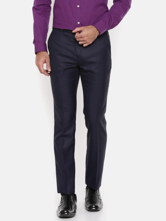 Raymond Men Navy Blue Slim Fit Self Design Formal Trousers