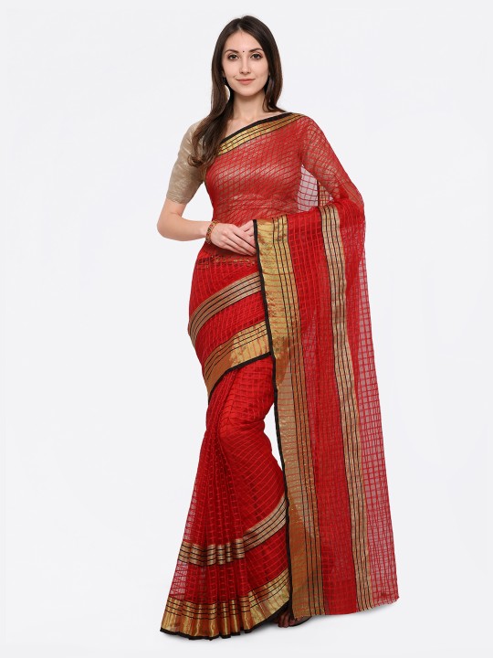 Red & Gold-Toned Printed Saree