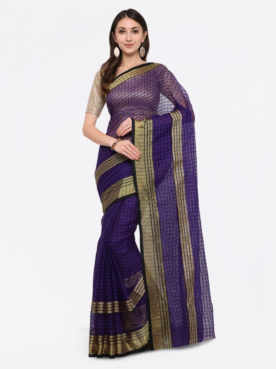 Navy Blue Checked Polycotton Saree