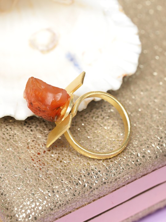 Rust Orange Gold-Plated Onyx-Studded Handcrafted Adjustable Finger Ring